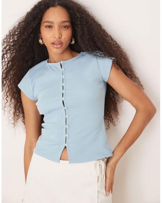 ASOS Blue Compact Mini Rib Button Through Short Sleeve Top