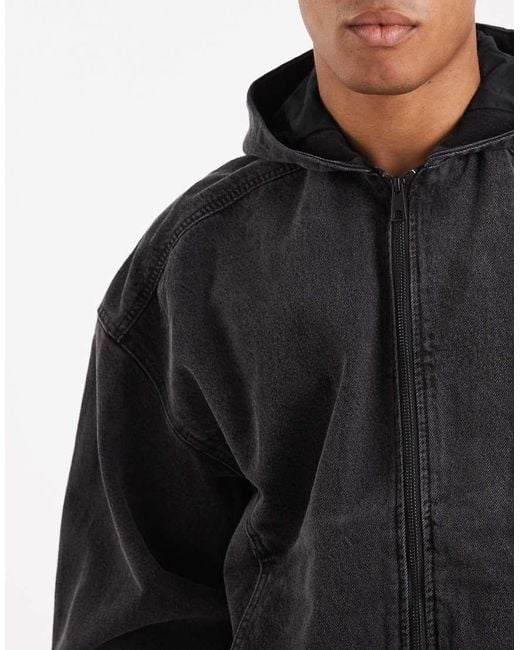 Hollister Blue Oversized Hooded Denim Bomber Jacket for men