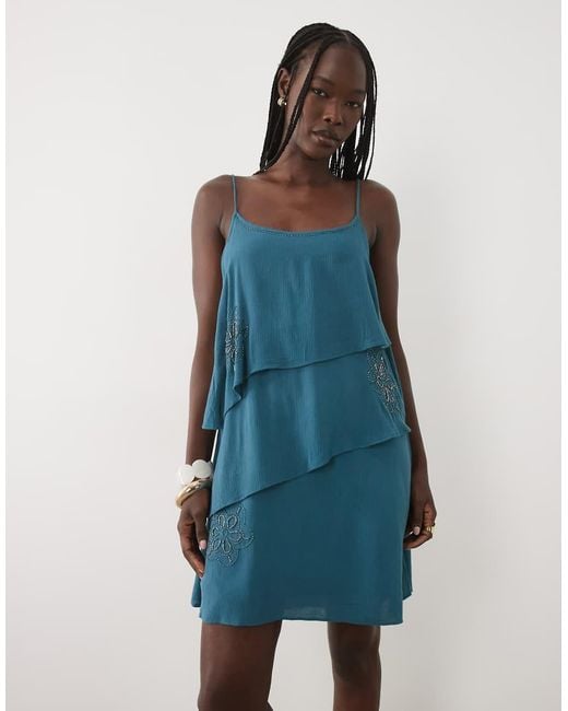 Mango Blue Teen Tiered Round Neck Beaded Mini Dress
