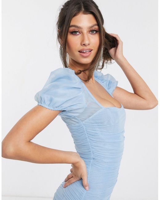 Missguided Puff Sleeve Mesh Ruched Mini Dress in Blue | Lyst UK