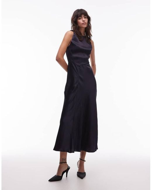 & Other Stories Blue Satin Crepe Midi Dress With Drape Neck