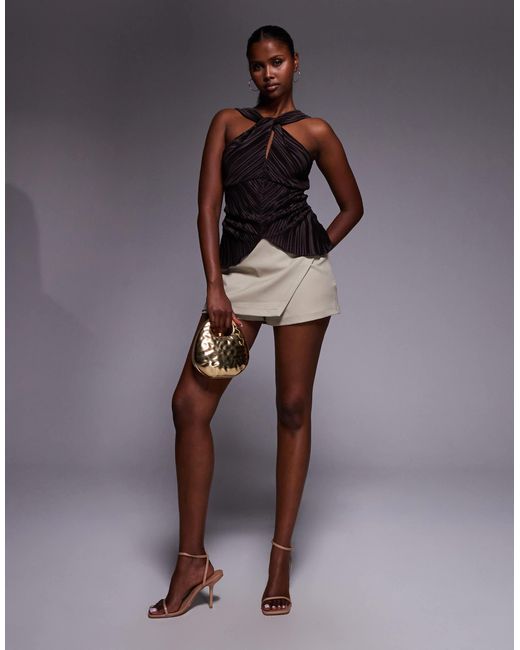 ASOS Brown Plisse Halter Neck Top With Knot And Split Detail