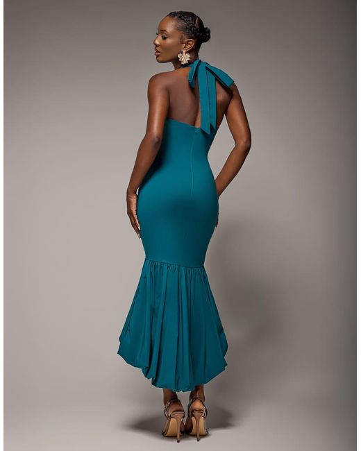Goddiva Blue Halter Neck Puff Hem Mermaid Midaxi Dress