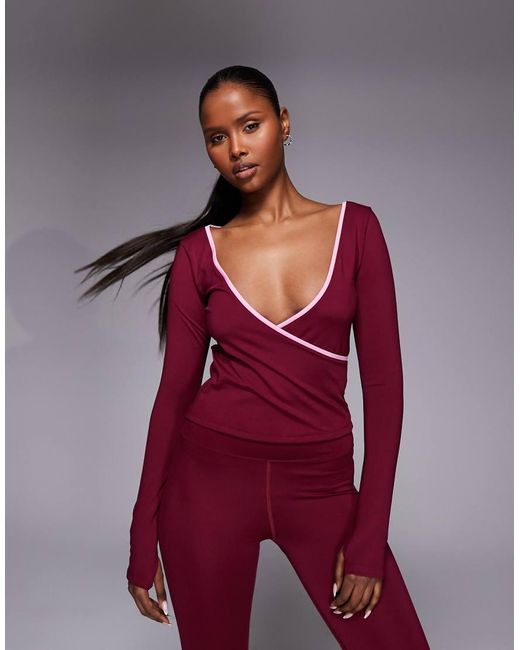 4505 Red Active Wrap V Neck Long Sleeve Top