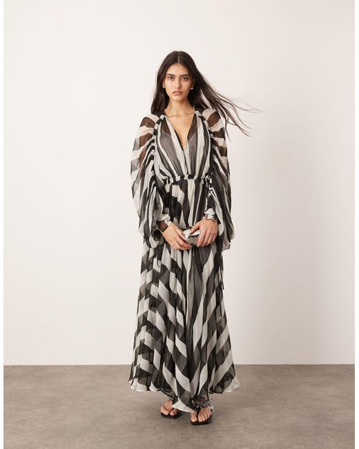 ASOS Natural Extreme Chiffon Gathered Waist Maxi Dress Mono Stripe Print