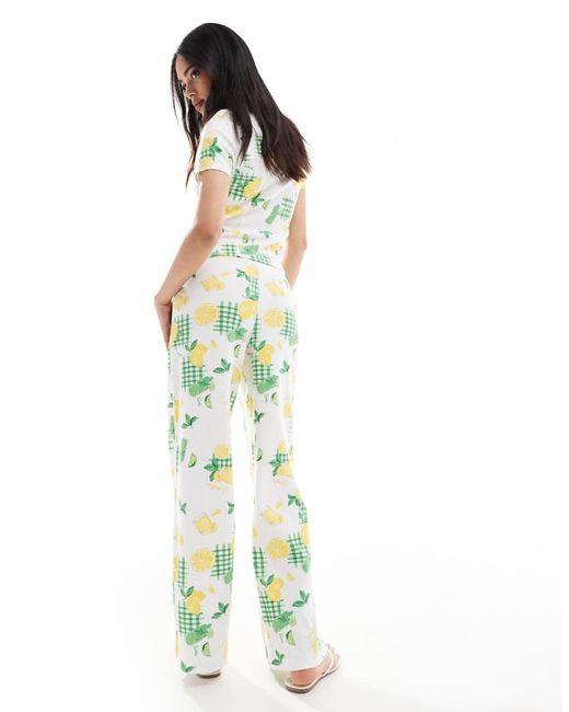 ASOS Broek Met Wafelstructuur, Wijde Pijpen En Citroenprint, Deel Van Co-Ord Set in het White