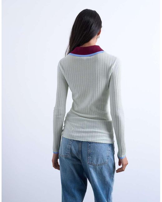 TOPSHOP White Knitted Contrast Collar Sheer Rib Polo