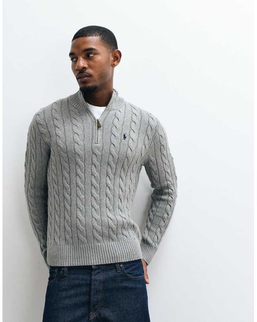 Polo Ralph Lauren Gray Icon Logo Cotton Cable Quarter Zip Sweatshirt for men