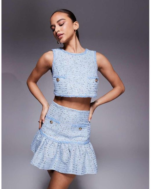 Bardot Blue Elina Boucle Tailored Peplum Hem Pocket Detail Mini Skirt Co-ord