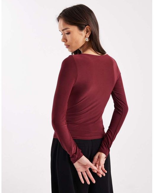 ASOS Top Van Gladde Stof Met Lange Mouwen En Gerimpelde Boothals in het Red