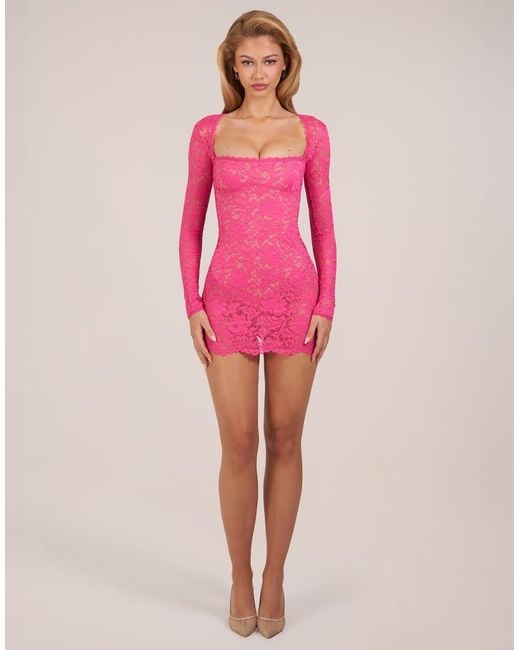 Oh Polly Pink Lace Square Neck Long Sleeve Mini Dress