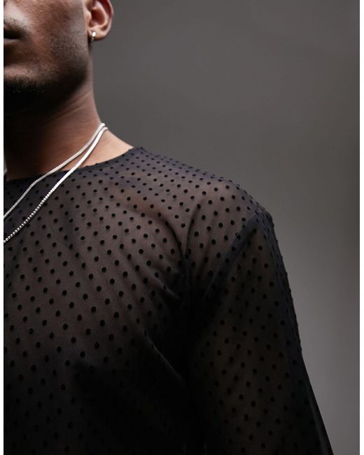 Topman Black Oversized Fit Mesh T-shirt With Polka Dot for men