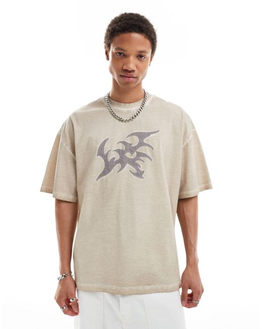Collusion Natural Washed Beige T-shirt With Applique Design for men