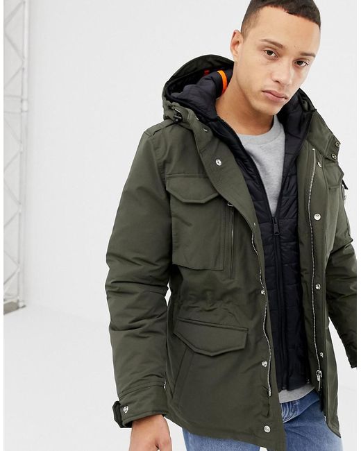 Schott Nyc Smith 18 Detachable Quilted Hooded Insert M65 Parka Jacket Slim Fit In Green/black for men