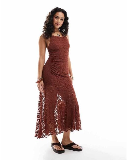 Pull&Bear Red Asymmetric Hem Lace Maxi Dress