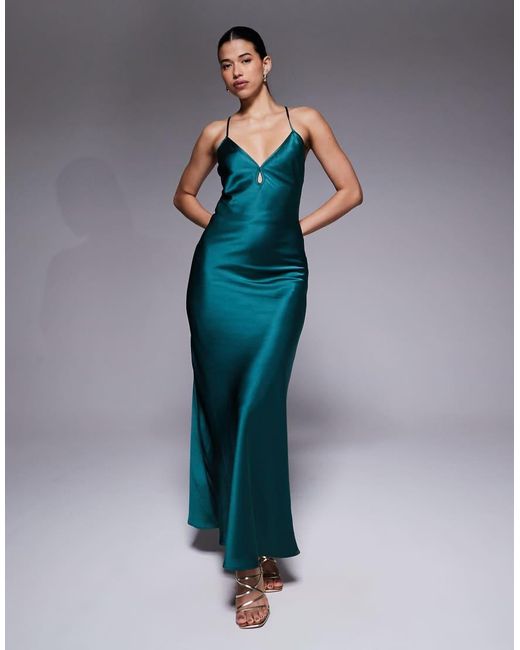 Aria Cove Blue Satin Keyhole Detail Open Strappy Back Maxi Dress