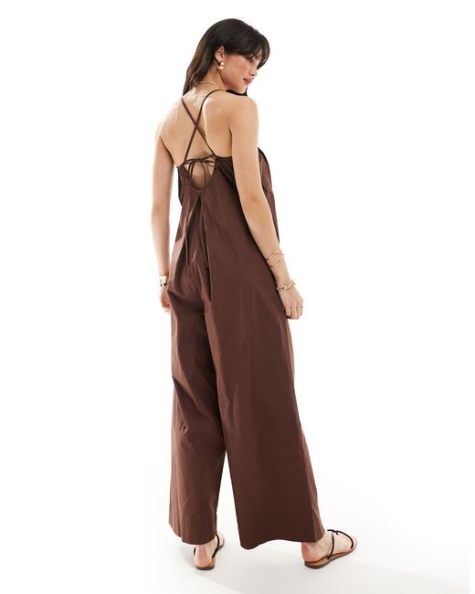 ASOS Brown Pleated Square Neck Wide Leg Jumpsuit
