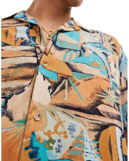 ASOS Blue Relaxed Revere Shirt With Vintage Abstract Hawaiian Print for men