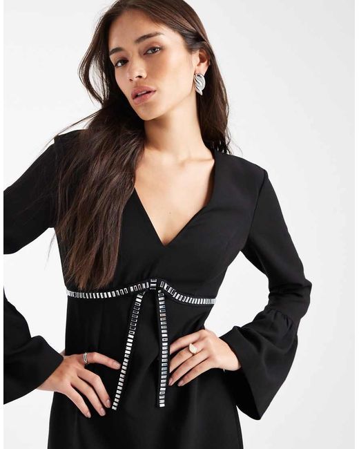 French Connection Black Mini Shift Dress With Diamante Bow Trim