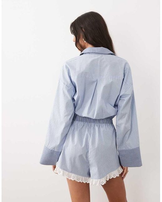 ASOS Blue Shirt Playsuit With Lace Trim