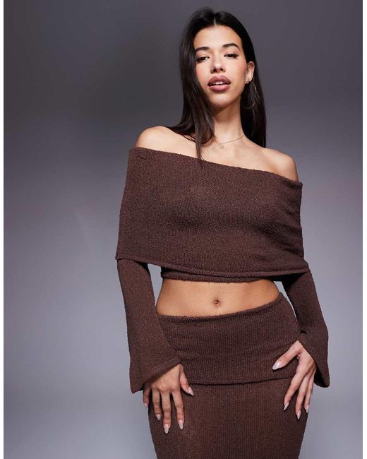 Wanderdoll Brown Yasmin Bardot Boucle Knit Dramatic Foldover Flared Sleeve Top Co-ord