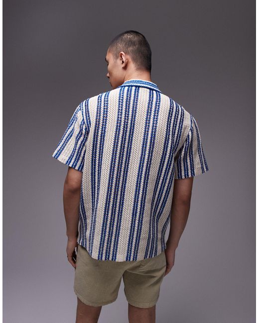Topman Gray Short Sleeve Relaxed Striped Crochet Shirt for men