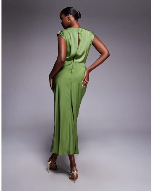 ASOS Green Satin High Neck Pleated Bodice Midi Dress