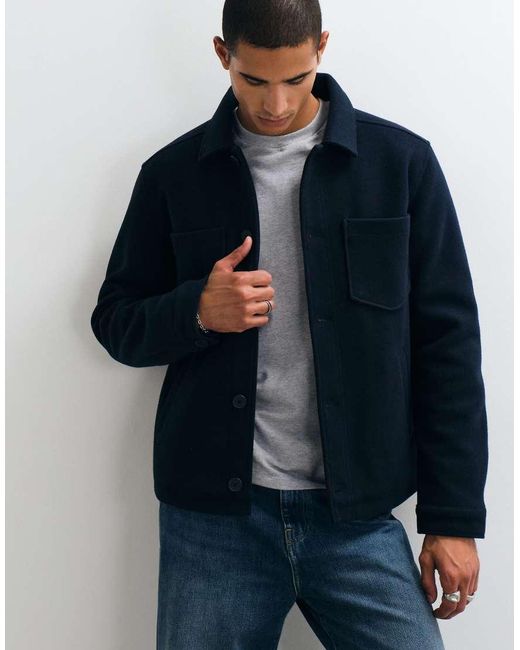Threadbare Blue Faux Wool Collared Jacket With Patch Pockets for men