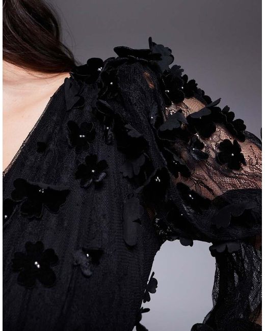 ASOS Black Curve Mesh Floral Bardot Long Sleeved Top With Velvet Flowers And Pearl Embellishment