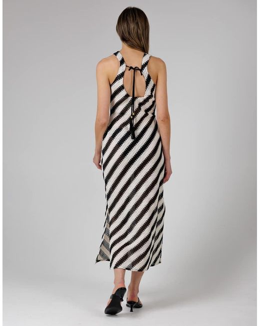 French Connection Gray Cotton Blend Stripe Crochet Scoop Neck Tie Back Midi Dress