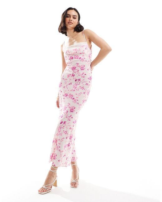 ASOS Pink Contrast Lace Cowl Neck Midi Slip Dress