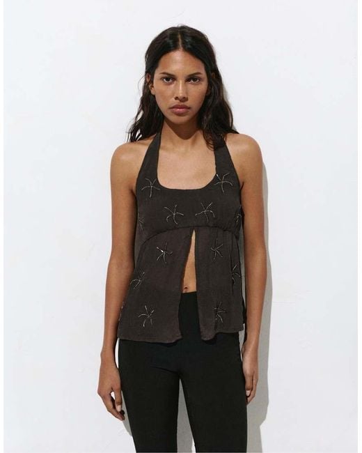 Pull&Bear Black Beaded Halter Top
