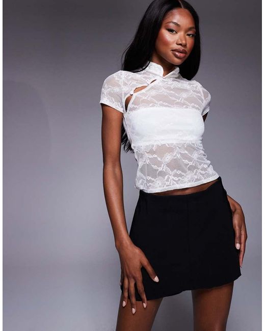 ASOS Gray Fitted Short Sleeve Lace Top With Rouleau Loop Buttons Detail