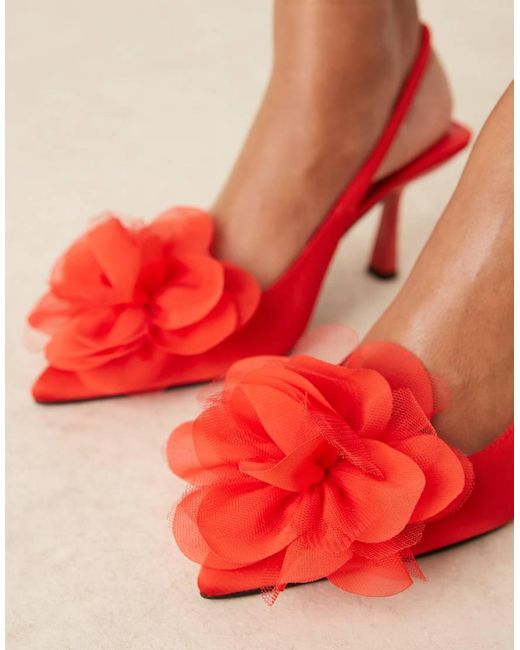 ASOS Red Wide Fit Sunrise Corsage Slingback Mid Heeled Shoes