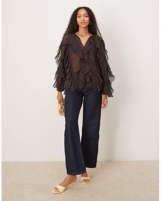 Glamorous Black V-Neck Button Front Ruffle Blouse
