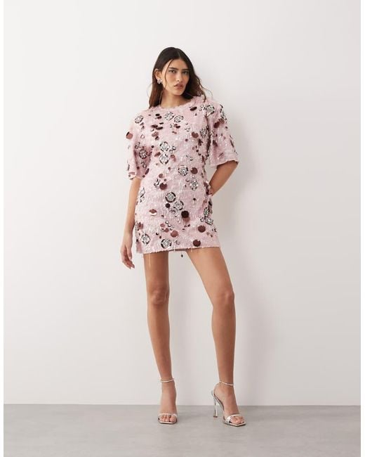 ARRANGE Pink Futurist Paillette Embellished Strong Shoulder T-shirt Mini Dress
