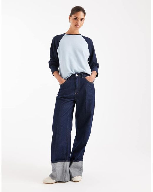 ASOS Blue Textured Oversized Raglan Long Sleeve Top
