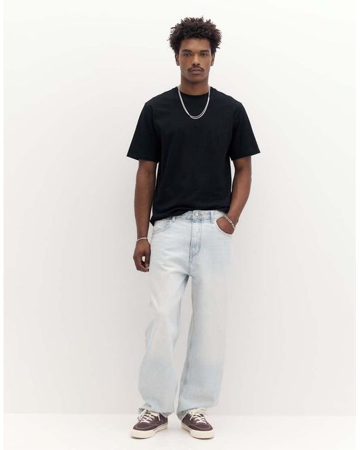 Pull&Bear Black Basic Short Sleeve Cotton T-Shirt for men