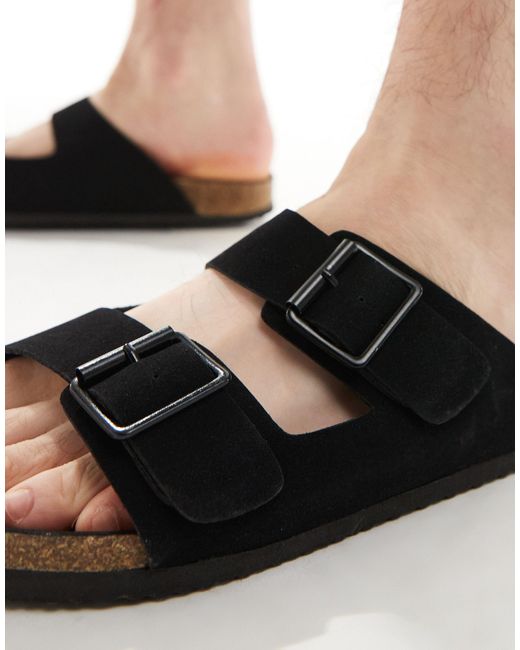 ASOS – sandalen aus em wildlederimitat mit zwei riemen und korksohle in Black für Herren