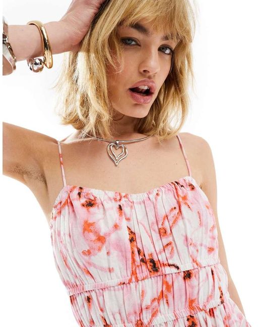 Collusion Pink Floral Print Tiered Cami Midi Summer Dress