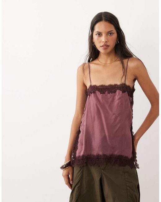 Mango Red Square Neck Lace Trim Cami Top