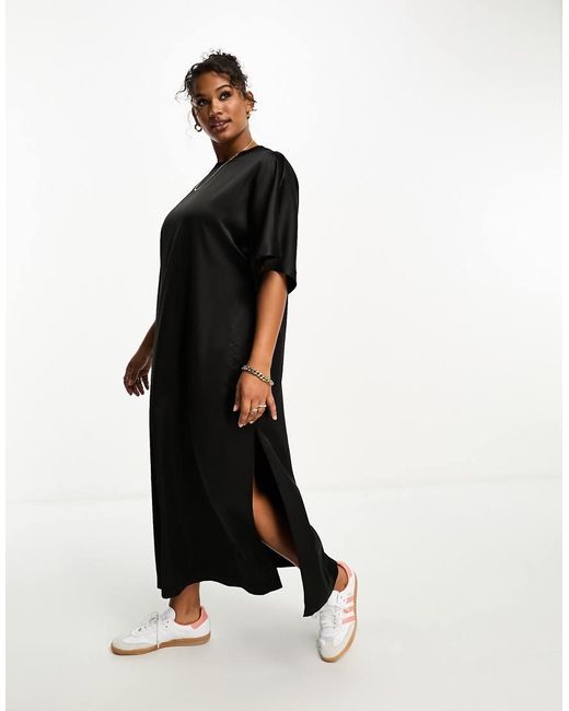 Vestido Midi Extragrande Estilo Camiseta De Satén De Asos Design Curve ASOS de color Black