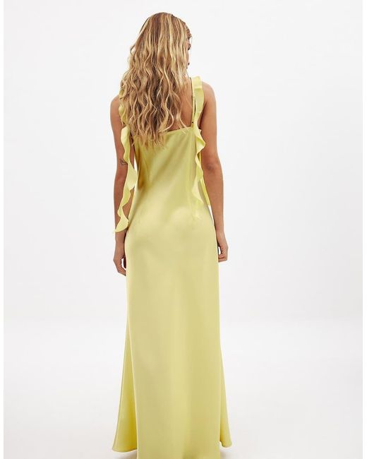 NA-KD Yellow Satin Ruffle Shoulder Maxi Dress