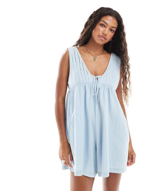 Miss Selfridge Blue Denim Playsuit With Pintuck Detail