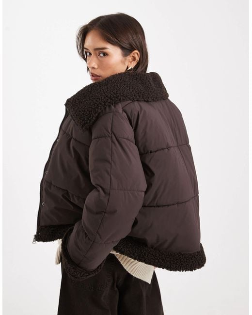 Vero Moda Black Short Puffer Jacket With Teddy Trim