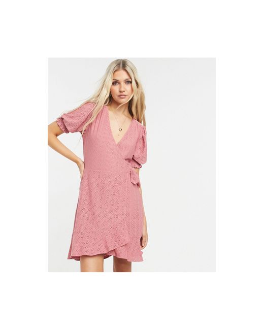 Oasis Broderie Wrap Skater Dress in Pink - Lyst