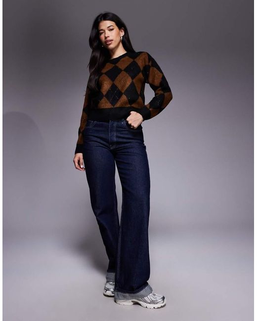 New Look Blue Sequin Embellished Argyle Jumper