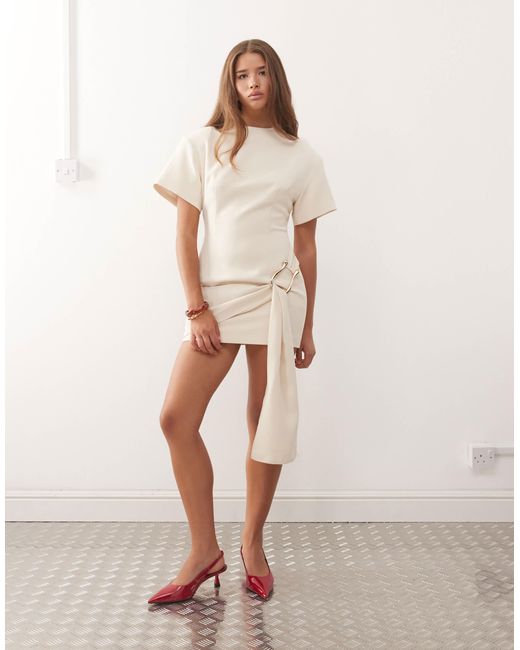 Lioness Natural Martini Structured High Neck Drape Waist Metal Hardware Detail Mini Dress