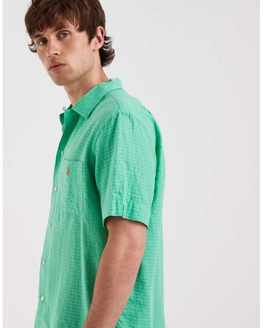 Polo Ralph Lauren Green Icon Logo Short Sleeve Seersucker Linen Look Shirt for men
