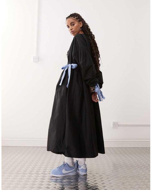 Collusion Black Oversized Wrap Maxi Smock Dress With Contrast Gingham Ties